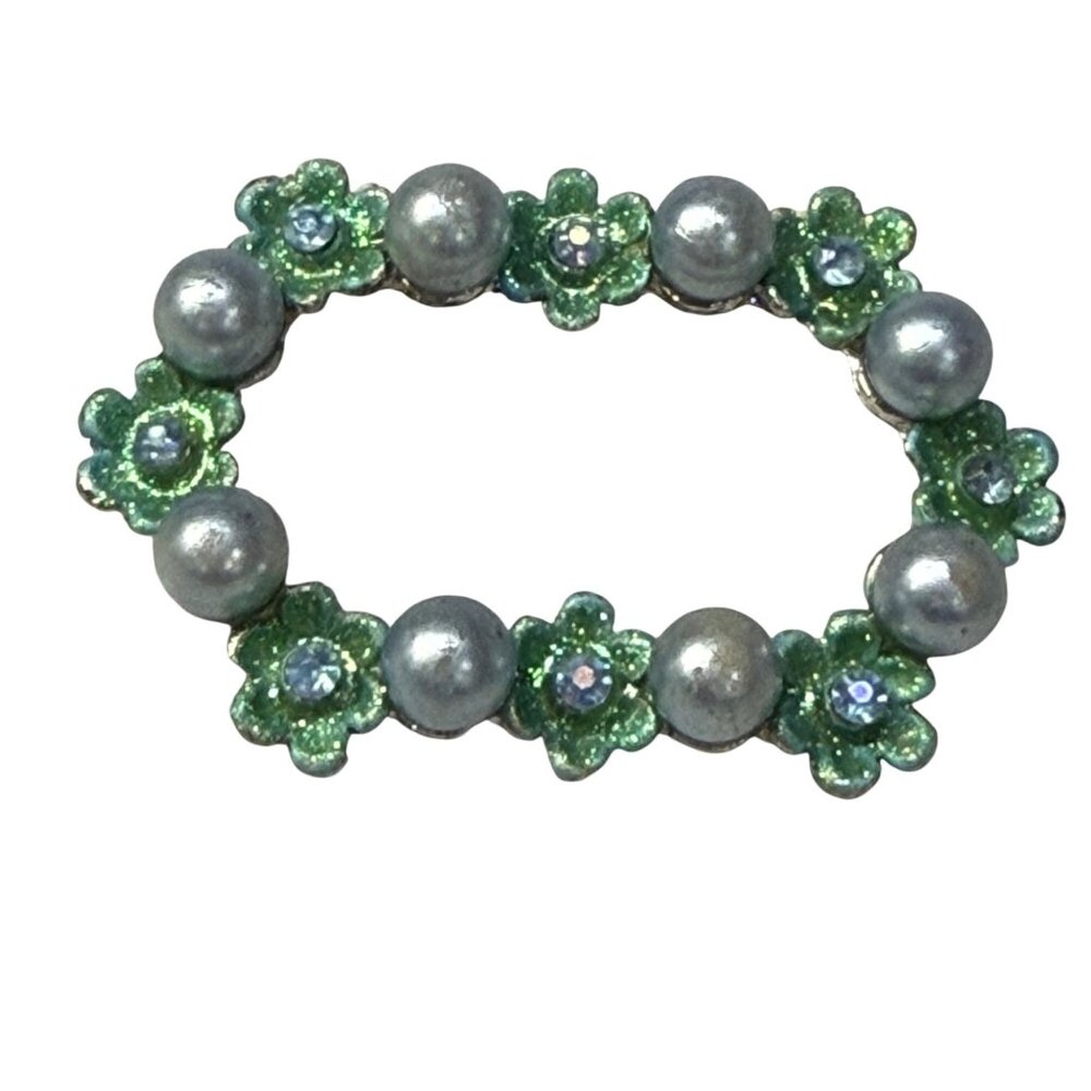 Vintage Green Floral Faux Pearl Oval Pin Brooch Rhinestone Accents Flower Spring